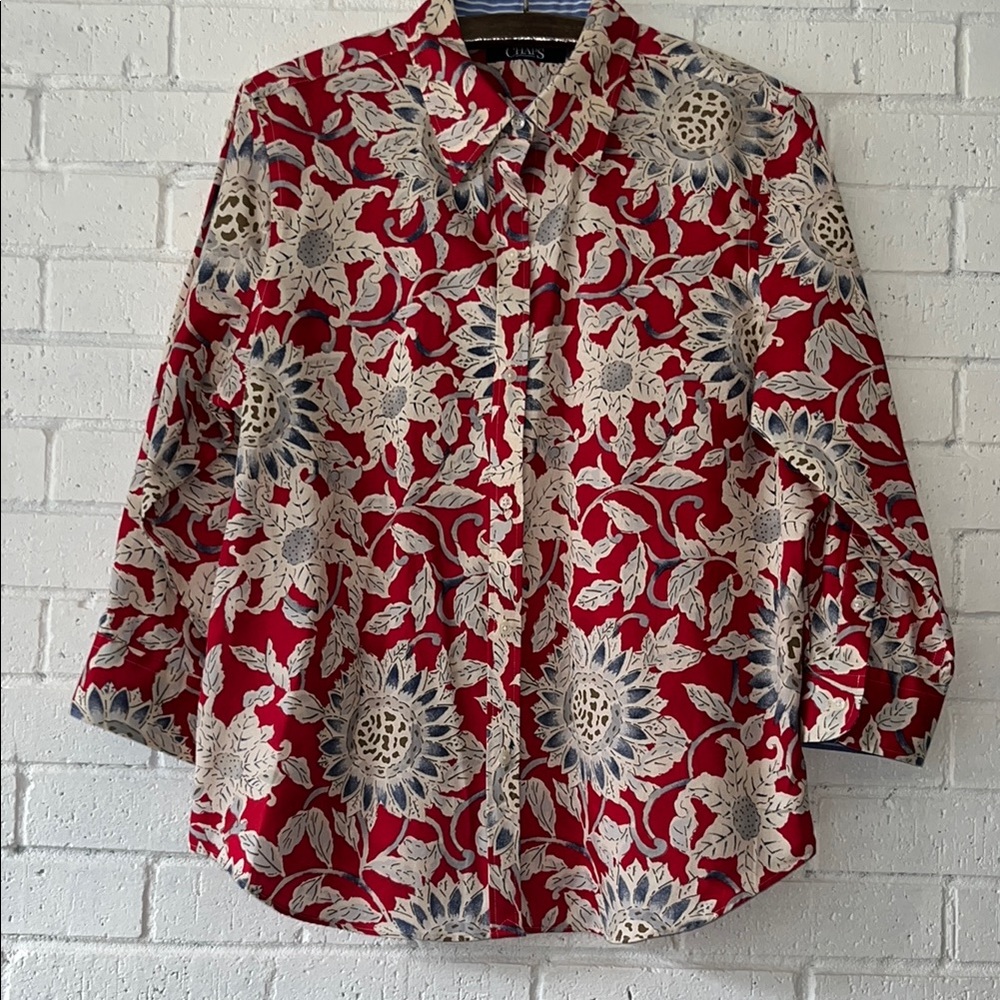 Chaps Ralph Lauren Red & Cream Casual Button Up 3/4 Sleeve Shirt Classic Preppy